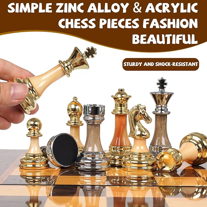 Luxury Large Metal &amp Acrylic Chess Set with Wooden Chess Board (17”) – Weighted Chess Pieces with 3.5” King Foldable Tournament Chess Set for Adults and Kids Professional Chess Game Set