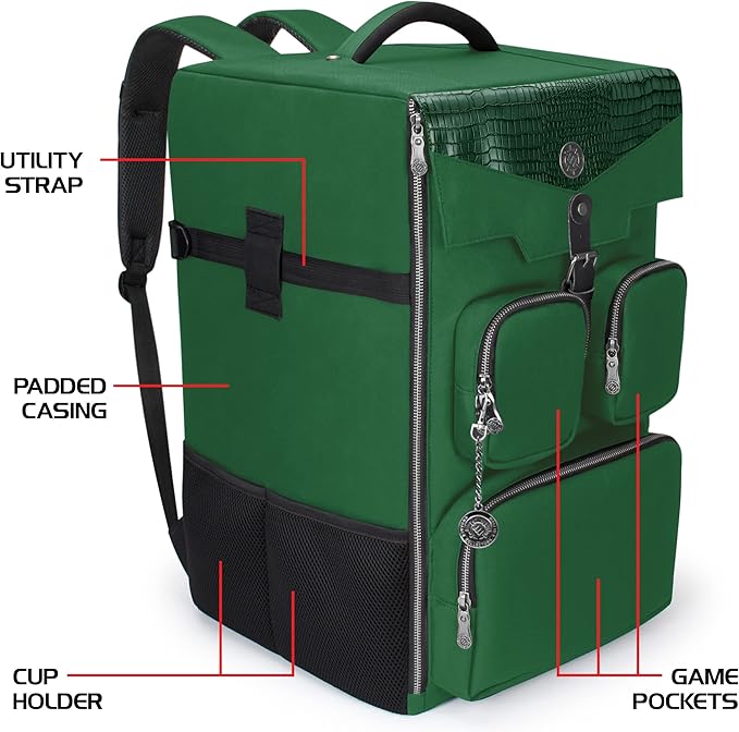 ENHANCE Collector's Edition Board Game Backpack - Reinforced Rigid Board Game Storage with Padded Shoulder Straps Carrying Handle and Accessories Pockets for Dice Card Games More (Dragon Green)
