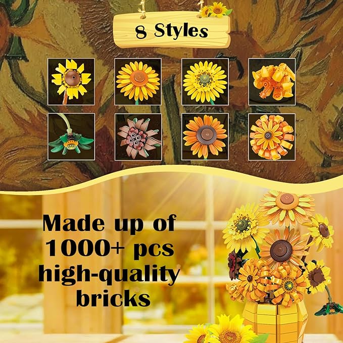 Sunflower Building Set Flowers with Vase for Adult Compatible with Lego Flowers 1009pcs Art Bonsai Botanical Collection for Home/Office Decor Gifts for Mother's Day and Valentine's Day