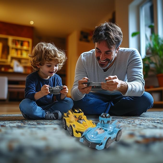 LEXiBOOK Crosslander® RC Bumper Set of 2 Radio-Controlled Racer Bumper Cars up to 12 km/h (7mph) 2 Removable Characters Sound and Light Effects Yellow/Blue RC2