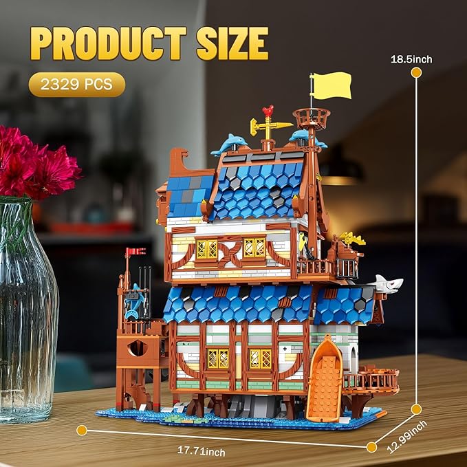 Reobrix Medieval Fishing Store Lighting Building Block Sets for Adults Medieval Architecture Display or Home Office Decor Creative Construction Building Kits 66007 Idea Gift for Adults