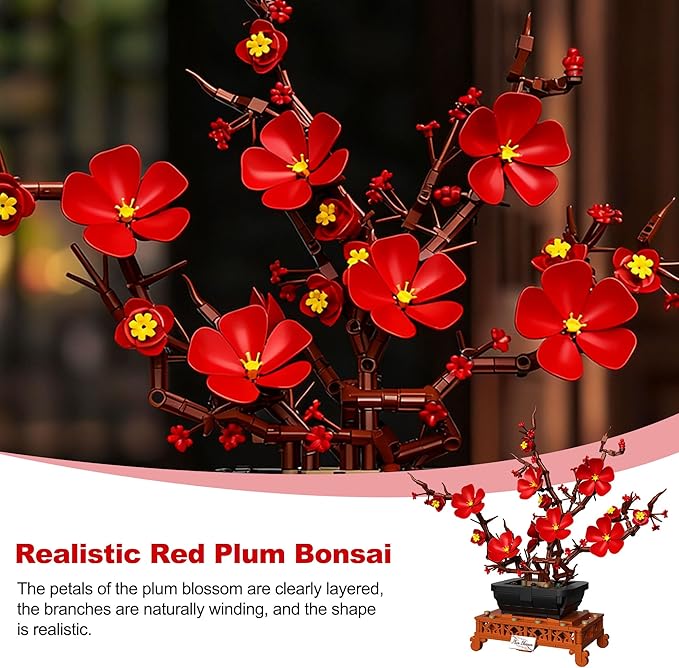 Plum Blossom Building Sets Red Plum Buiding Blocks Artificial Flowers for Table Decor Plants Collection Blocks Kit for Living Room Home Office Christmas &amp Birthday Gifts for Ages 14+ 692PCS