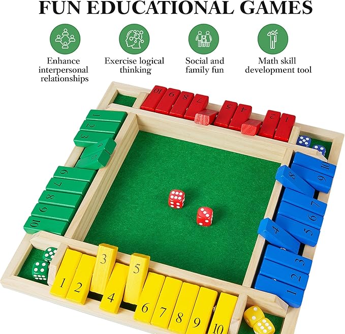 AMEROUS Shut The Box Dice Game-12 inches-Colorful Design-1-4 Players-12 Dice-Gift Package Classic 4 Sided Wooden Board Game for Adults Kids Classics Board Game
