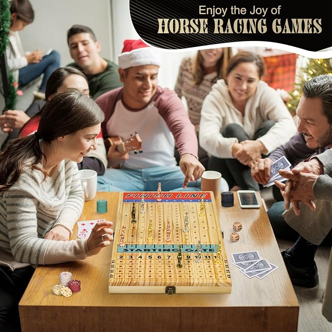 21 Inches Horse Racing Game Horse Race Board Games with 11 Luxury Metal HorsesThickened Wood ChessboardChipsCards and Dice Classic Wooden Table Top Board Games for Adults and Family