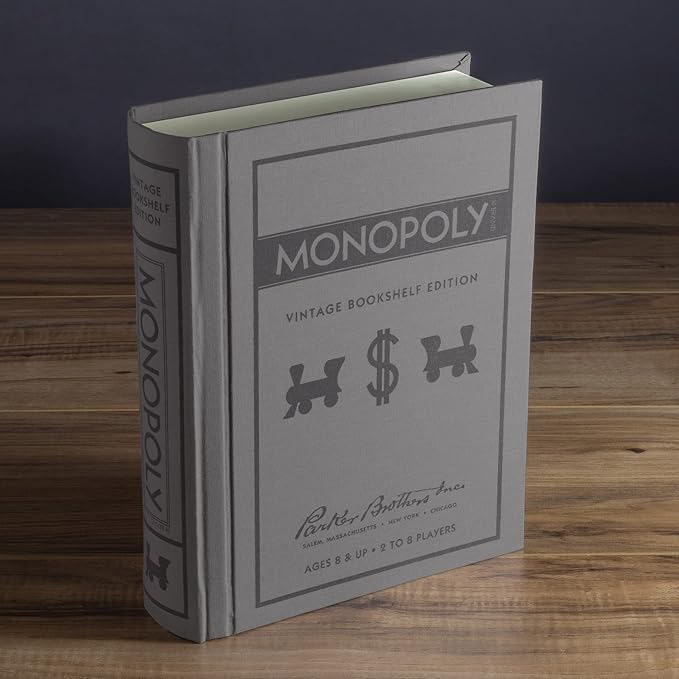 WS Game Company Monopoly Vintage Bookshelf Edition Board Game Premium Fabric-Wrapped Book Storage Box with Retro Graphics Wooden Houses Strategy Board Games for Kids Adults &amp Family Ages 8+