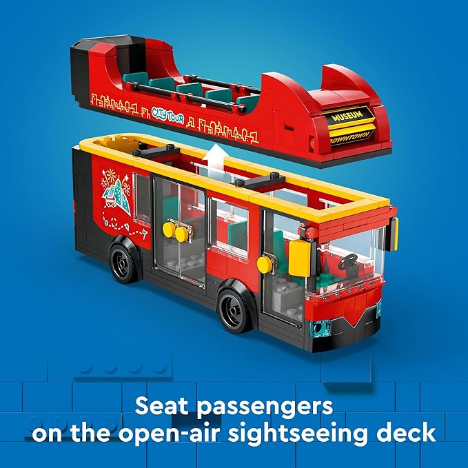 LEGO City Red Double-Decker Sightseeing Bus Toy Vehicle Set Birthday Gift for 7 Year Olds for Kids Double-Decker London Bus Toy 5 Characters Including a Baby and Stroller 60407