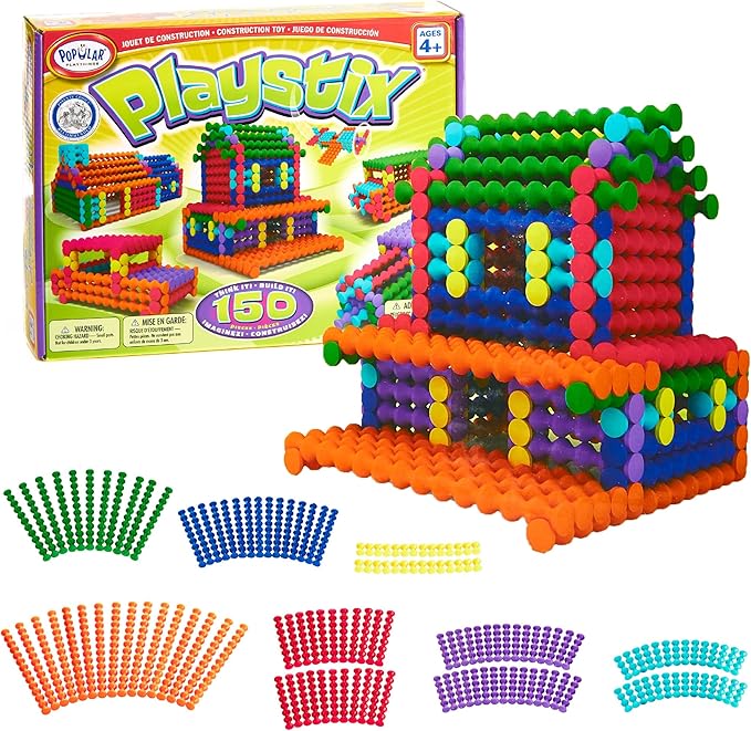 POPULAR PLAYTHINGS Playstix Construction Toy Set with Building Sticks for STEM and Classroom Use for Kids Ages 4 and Up - 150 Piece Kit