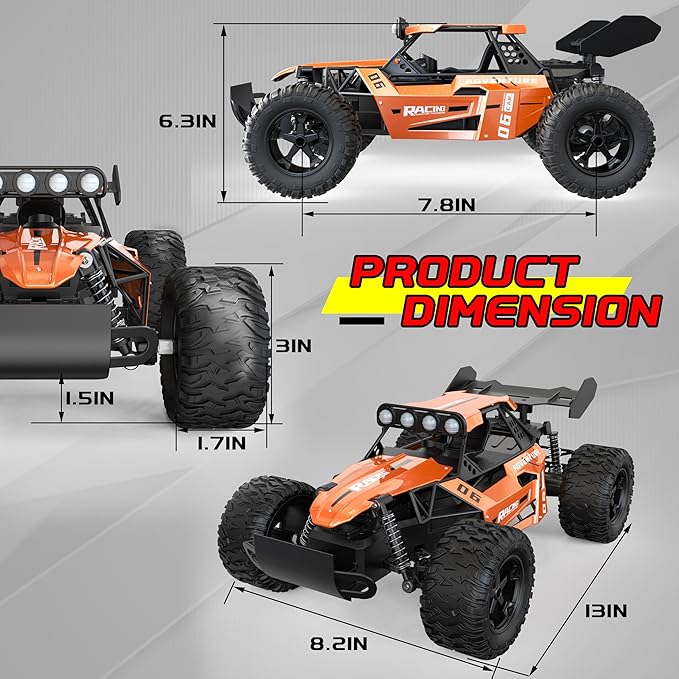 RC Monster Truck for Kids Ages 4–8 1:12 Remote Control Car with Alloy Shell 15.5 MPH (25KM/H) Fast Off Road Orange RC Car with 2 Speed Modes &amp LED Lights 2.4GHz Easy Control Toy Gift for Boys