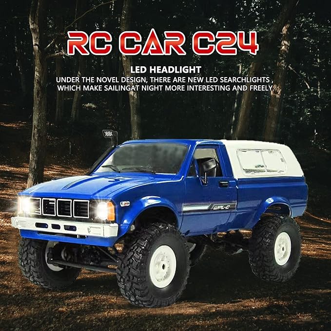 WPL C24 1/16 RC Rock Crawler 4x4 Truck with 3 Upgraded 1200mah Battery 2.4GHz Remote Control Off-Road Pick-up RTR for Men (Blue)