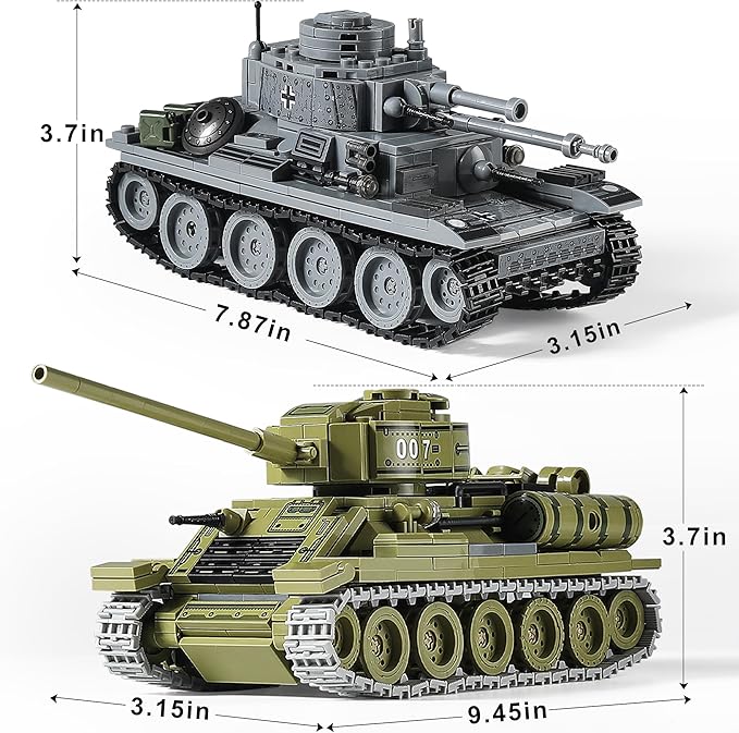 WW2 Army Tanks Toy Building Sets (1008 Pieces) Compatible with Lego Create a Soviet T-34 &amp German Panzer 38(t) Tank Great Military Model Toys Gift for Boys Kids and Teens Age 8+