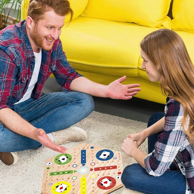 Fast Track Marble Board Game Wahoo Board Game Double Sided Painted Fast Track Board Games for 6 and 4 Players Includes 6 Colors 30 Marbles 1 Deck of PVC Playing Cards 1 Canvas Bag