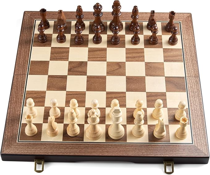 AMEROUS 17'' Magnetic Wooden Chess Set for Adults Kids - with Folding Board Gift Package Pieces Storage Slots Handmade PiecesChess Board Game Set for Tournament Professional Beginner