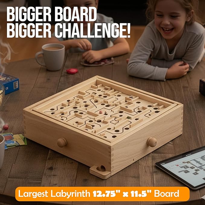 Sterling Games Wooden Labyrinth with 3 Swappable Boards – Classic Maze Game with 60 36 and 25 Waypoints – Wooden Tilt Puzzle with Knob Control and 3 Steel Marbles for Kids Age 6+