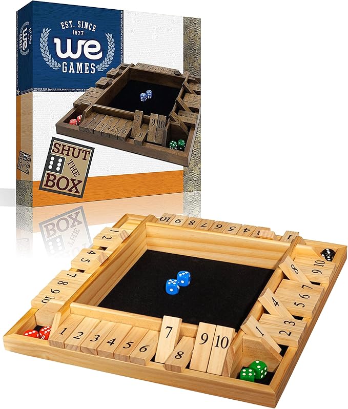 WE Games Wooden Shut the Box Game 4 Player - 10 Number Tiles &amp 8 Dice - Large 14-Inch Natural Wood Finish