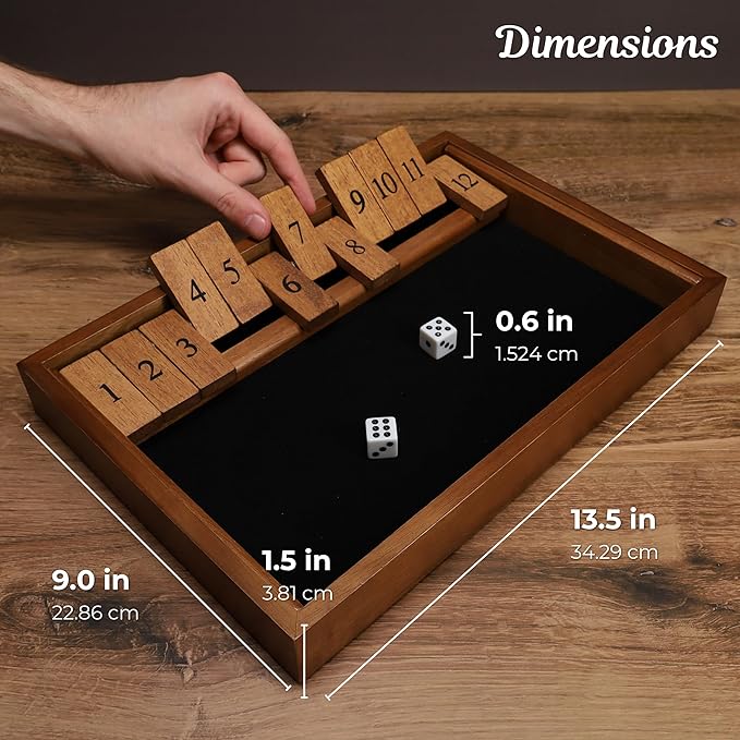 WE Games Wooden Shut The Box - Close The Box Set with 12 Number Tiles &amp 2 Dice Games - 13.5” Walnut Stained Finish