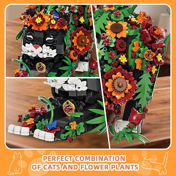 Flowers Tuxedo Cat Building Set for Adults Animal Butterfly Botanical Collection Model Toy for Home Office Decor Compatible with Lego Cat Gift Idea for Teens Boys &amp Girls 14+ (1664 PCS)