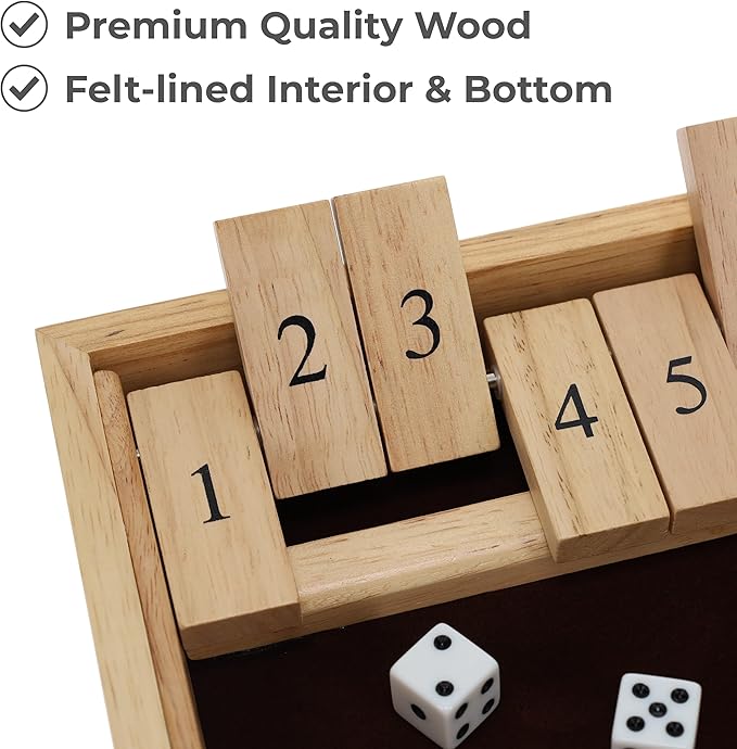 WE Games Wooden Shut The Box - Close The Box Set with 12 Number Tiles &amp 2 Dice Games - 13.5” Natural Wood Finish