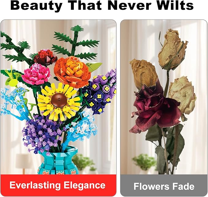 Flowers Bouquet Building Set for Adults Wildflowers Icon Flowers Botanical Collection Kits Compatible with Lego Flowers Valentines Flowers Sets for Women Girls 14+ 11001