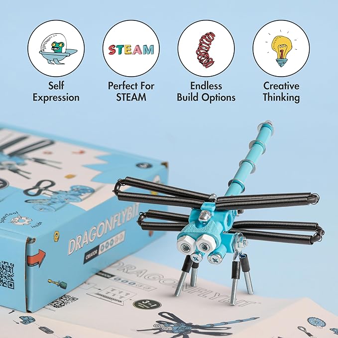 The Off Bits Erector Set: Animal Mini STEM Toys for Kids 6+ Toy Building Sets with Nuts &amp Bolts STEM Building Toys Gifts for Boys and Girls (Blue Dragonfy)