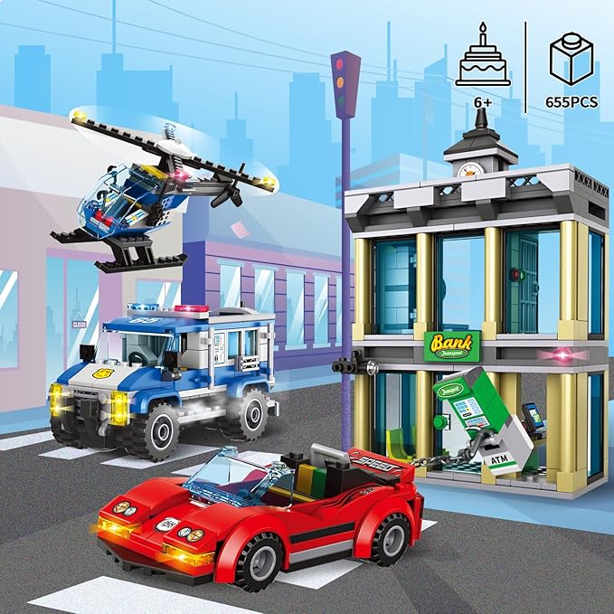 City Police Bank Building Sets Compatible with Lego Police Bank Includes Car Bank Helicopter Police Chase Building Blocks Toy Set Gift for Kids 6 Plus Years Old（655 PCS）