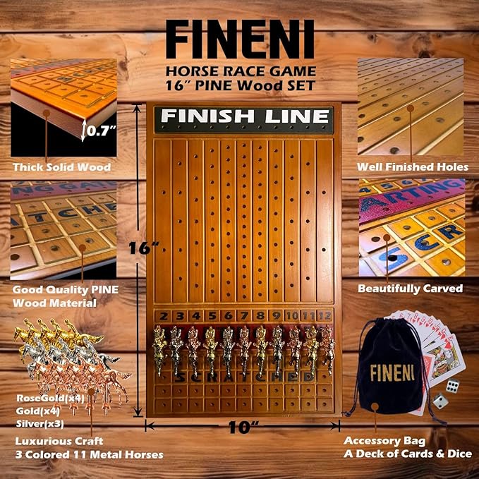 Horse Racing Game for Adults - 11 Luxurious Metal Horses (Silver Black Rose Gold) 16 Dark Pine Wood Race Board Dice &amp Card Included (Dark Color)