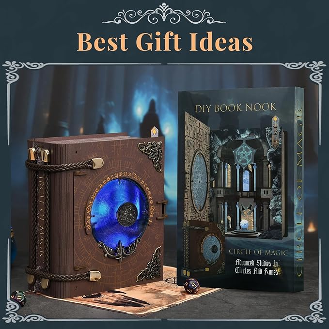 Book Nook Kit DIY Miniature Dollhouse Magic Booknook Kit 3D Wooden Puzzle Bookend Bookshelf with LED Light for Adults Teens (Circle of Magic)