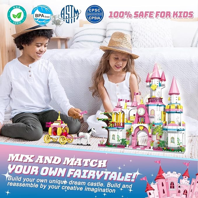 Castle STEM Building Toys for Girls Ages 6-12 Years Old 1000PCS Building Sets for Girls &amp Boys Pink Princess Castle Carriage Playset (Castle Building Blocks)