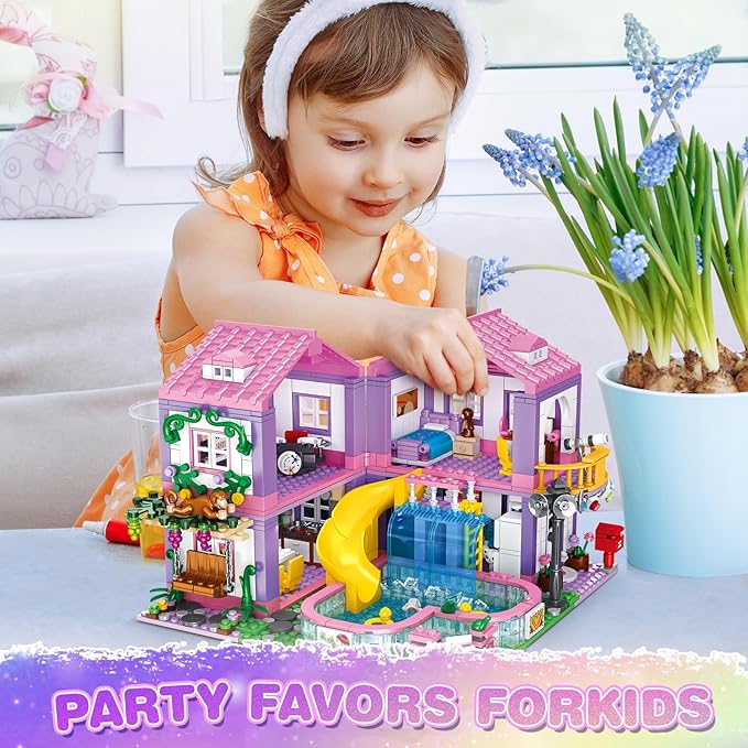 Pink Girls Summer Villa Friends Building Block Set Compatible with Lego Friends Educational 3 in 1 Construction Toy with Pool Slide Monkey and Swing for Kids Age 6 8 12 and Up 1026PCS