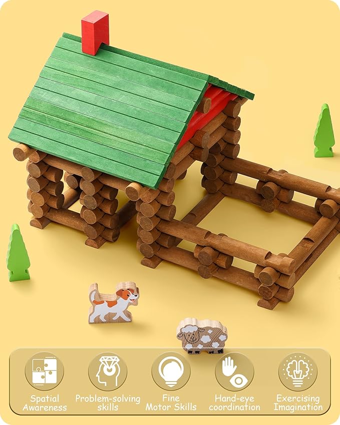SainSmart Jr. 110 PCS Wooden Log Cabin Set Building House Toy for Toddlers Classic STEM Construction Kit with Colorful Wood Logs Blocks for 3+ Years Old