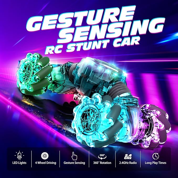 Tecnock Remote Control Car for Boys Girls 2.4GHz 4WD Gesture Sensing RC Stunt Car Toys - 360° Rotating Double Sided Hand Controlled RC Cars with LED Lights Gifts for Kids Ages 6-8 8-12