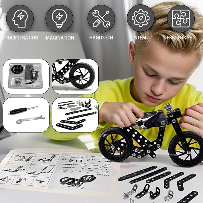 Metal Model Motorcycle Kits - 117 Pcs Erector Sets for Boys Age 8-12 Motobike Building Toys STEM Kits for Kids Age 8-10 Assembly Car Project for 14 and Up Gifts for 15 16 Year Old Boys and Adults