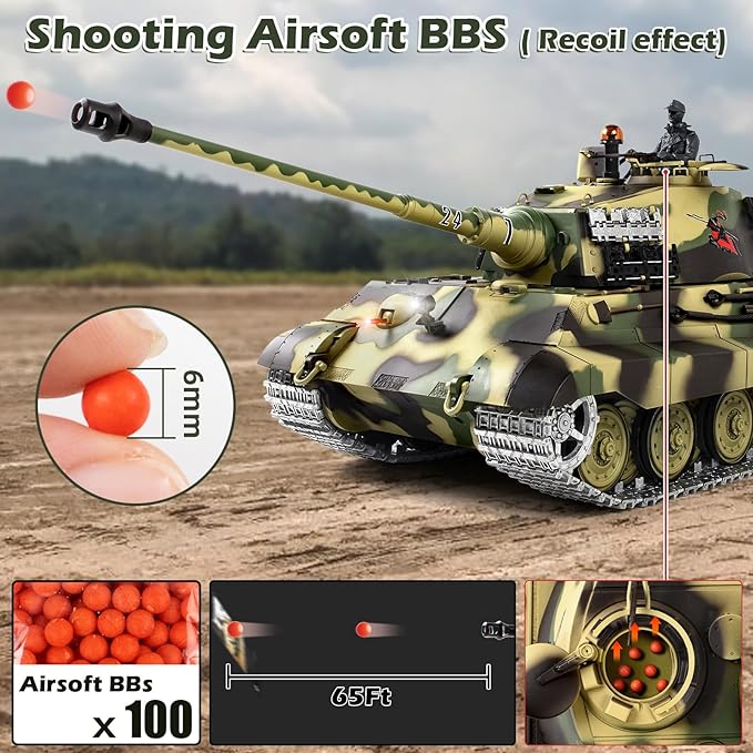 1/16 RC Tank Heng Long German King Tiger model Army Toy with Smoke Sound Light 2.4G Remote Control Tank That Shoot with Upgraded Metal Track Idler and Sprocket Wheel Steel Gearbox Two Batteries