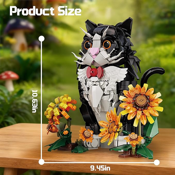 Tuxedo Cat Building Set with Sunflowers for Adults Ages 14+ Compatible with Lego Animal Kit for Home Living Room or Bedroom Decor Black - 1434PCS