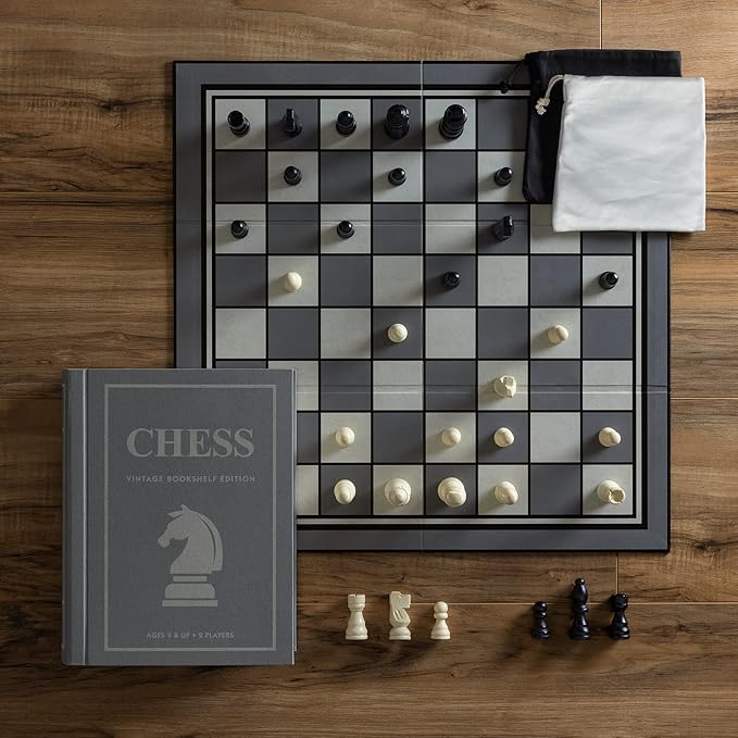 WS Game Company Chess Vintage Bookshelf Edition Classic Strategy Game Set in Linen Wrapped Book Box &amp Slipcase - Full Size Folding Board Wooden Pieces - Chess Sets for Adults &amp Kids Ages 9+