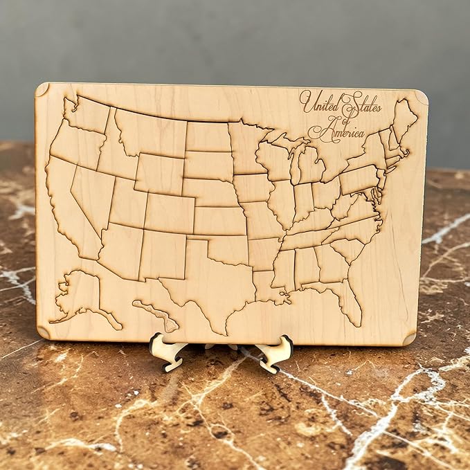 50 State American Puzzle Map - Art Kit - Raw Wood 12x18 with Stand