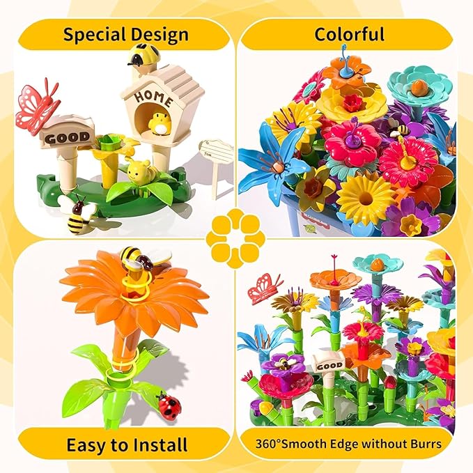 TEMI 138 PCS Flower Garden Building Toys for Girls Toys Educational STEM Toy and Preschool Garden Play Set for Toddlers 3 4 5 6 7 8 Year Old Kids Boys Girls Flower Stacking Toys for Kids Age 3-6