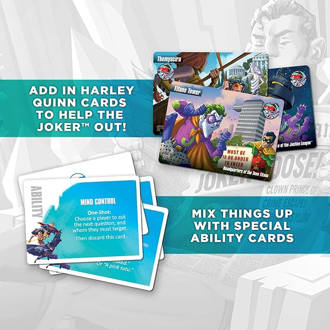 DC Spyfall - The Perfect Party Game - Find The Joker Before Time Runs Out - for 3 to 8 Players - Board Games for Teens and Adults - Featuring Batman Superman Wonder Woman and More - Ages 13+