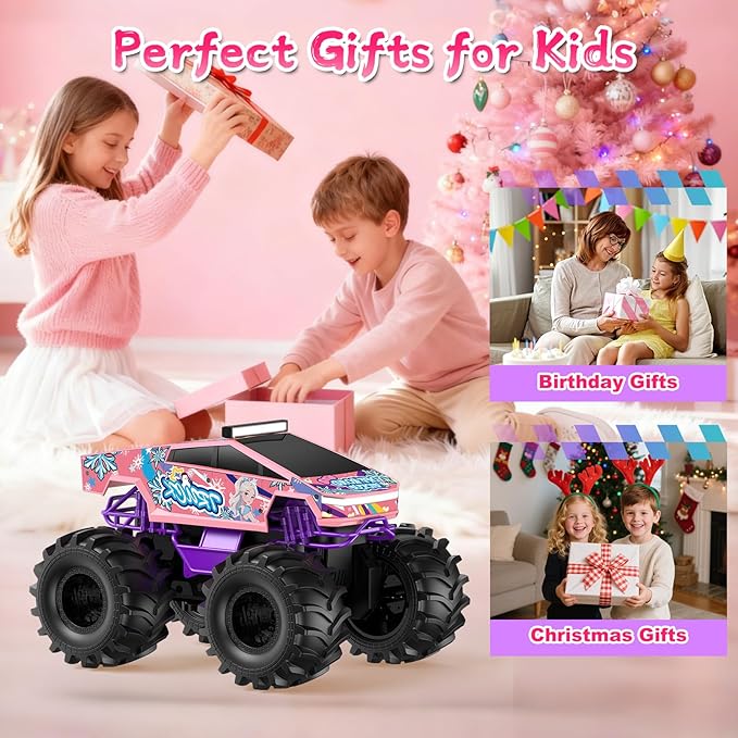 Remote Control Car for Girls1:18 Pink Monster Truck Toys Amphibious RC Cars 2.4 GHz Waterproof RC Trucks 4WD All Terrain Off-Road Pickup Girls Toys for 6-12 Year Old Kids Christmas Birthday Gifts