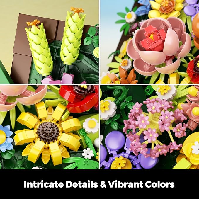 Pretty Spring Flower Sea Bouquet Building Set for Adults - Botanicals Building Kit Gifts for Valentine's Mother's Day Easter - Artificial Flowers for Decor or Table Display (1067 Pcs)