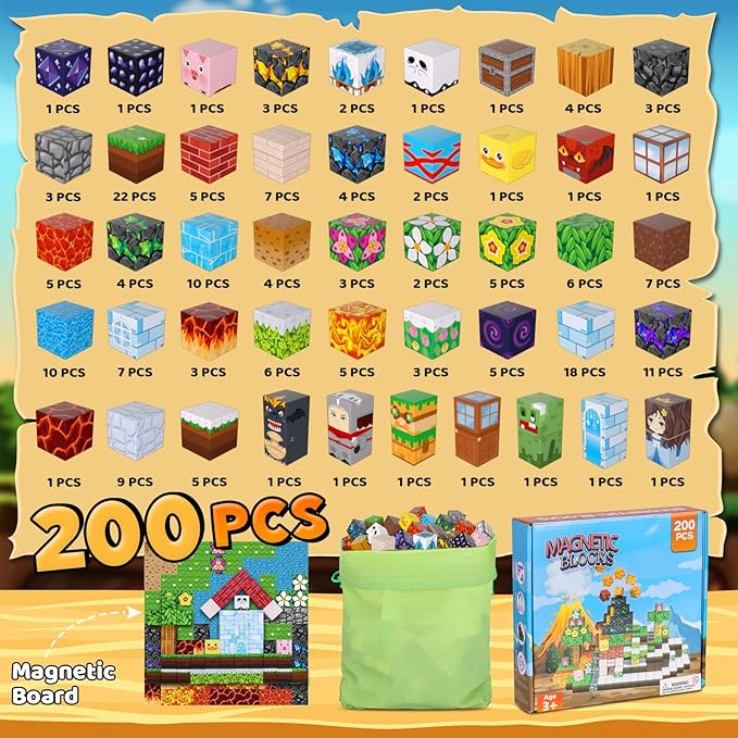 200PCS Magnetic Blocks Magnetic Building Block Cube Toys with Magnet Board for Kids STEM Toys Gifts for Boy and Girls Age 3+ Years Old