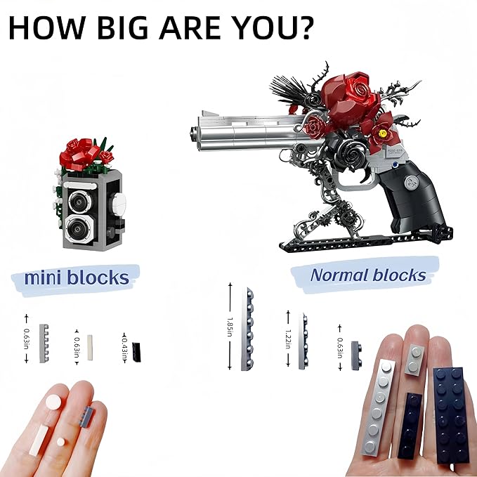 Gothic Revolver &amp Red Rose Building Block Set Micro Mini Camera Building Blocks Dark Romantic Guns and Petals Display Decor Creative Collectible Gifts for Adults Teens 14+