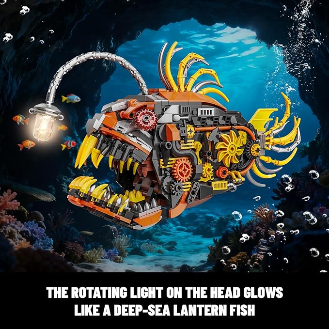 Mechanical Angler Fish Building Set with Light Creative Ocean Lantern Fish Animal Toy for Home Office Decor Compatible with Lego Shark STEM Gift for Adults Teens Boys 8-14+ (1022 PCS)
