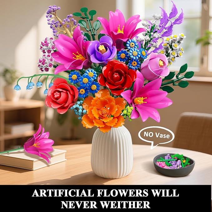 Flowers Bouquet Building Set with LED Light 21 Flower Botanical Collection Block Toy Rose Home Plant Decor 1054PCS for Her Adults Women Mom Kids Girls 12+ (RED)
