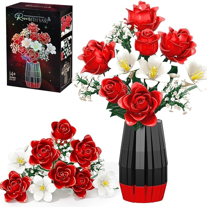Rose Flowers Bouquet Building Set with Vase Included 1077 PCS Artificial Flowers Botanical Collection Kit for Adults Women Men &amp Teen Girl Mother's Day Birthday Gifts for Mom Her Wife Girlfriend