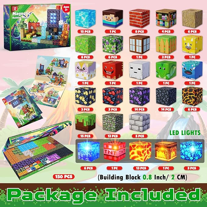 Magnetic Blocks - 150 PCS Dinosaur Volcano Forest Castle Set with Light Up Blocks - Kids Classroom Sensory Toy for Toddlers STEM Construction Stacking Toy Kids 3+ Boys Easter Basket Stuffers