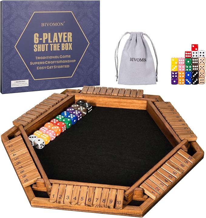 1-6 Players Shut The Box Dice Game Wooden Board Table Math Game for Kids Adult with 24 Dice Close The Box Game for Family Party Christmas Birthday