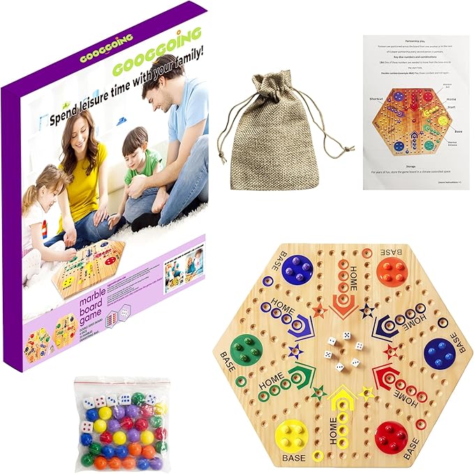 Wooden Board Game Board Game Original Marble Game Double Sided Painted 2 to 6 Player Fast Track Wooden with 6 Colors 24 Marbles 6 Dice for Adults Kids Family(24 INCH)