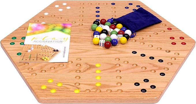 AmishToyBox.com Wahoo Wooden Marble Game Board Set - Large 24 Wide - Solid Oak Wood - Double-Sided - with Large 22mm Marbles and Dice Included