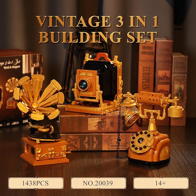 JMBricklayer Camera Telephone Record Player Building Block Sets for Adults Retro 3 in 1 Set Building Toy 20039 Vintage Display Model Kit for Office Room Decor Collectible Gift for Adult Men Kids 14+
