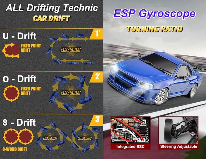 RC Drift Car with Gyro 1/18 Scale LDRC Drift Car Remote Control RWD Hobby Drifting Vehicle 2.4 GHz Proportional Throttle Steering ESP Gyroscope Metal Drive Shaft Alloy Shell Adult LD1899